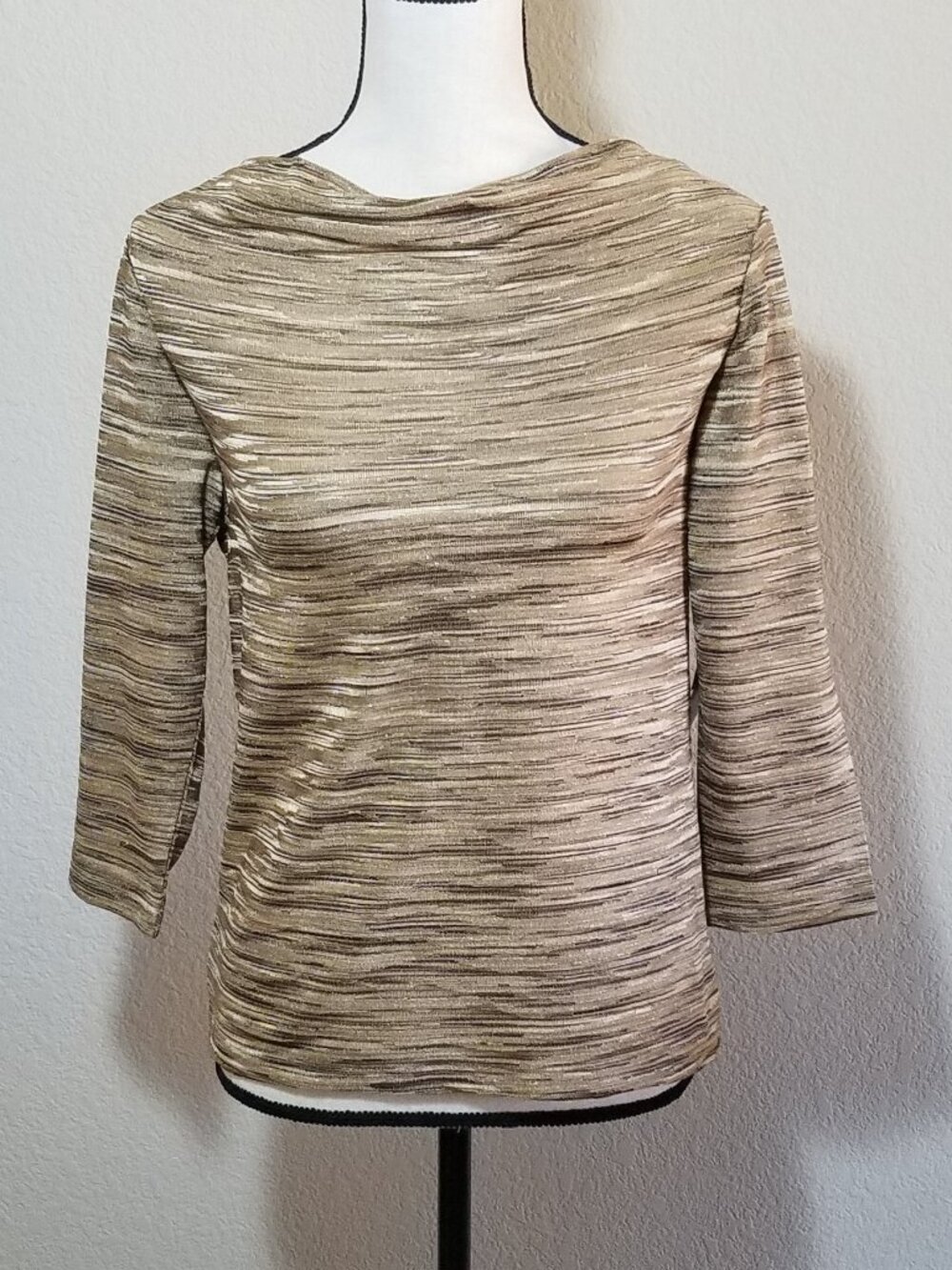 Jones New York Petite Small Top Gold Beige Brown 3/4 Sleeve Blouse SP Metallic